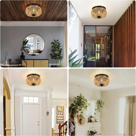 Hand-Woven Rattan Flush Mount 3-Light Ceiling Fixture - Omega Lifestyles