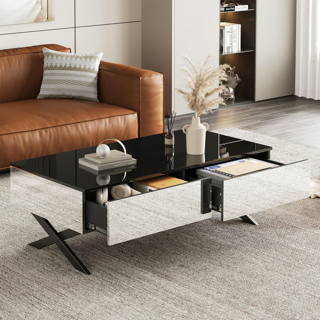 Rectangular Mirrored Coffee Table With Metal Base Storage - Omega Lifestyles