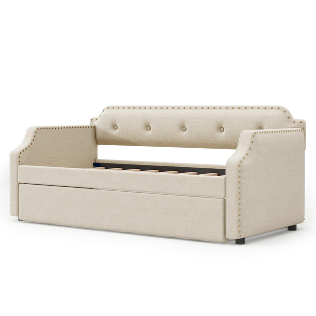 Twin Upholstered Daybed With Trundle Linen Frame - Omega Lifestyles