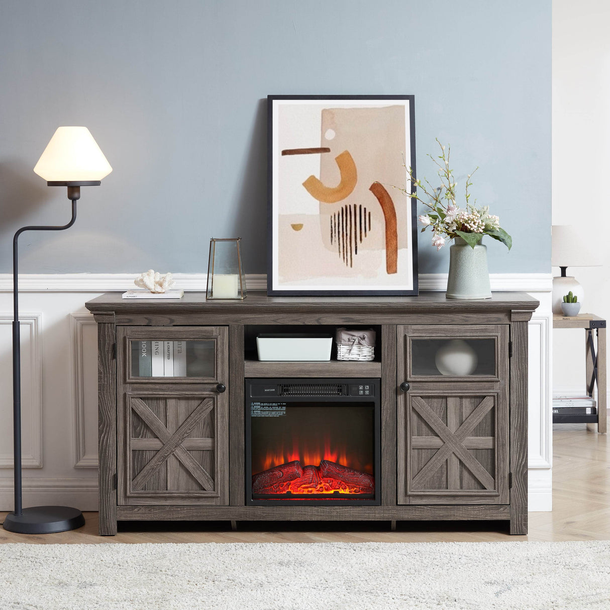 Farmhouse Fireplace TV Stand Console Cabinet Gray - Sleep Galleria