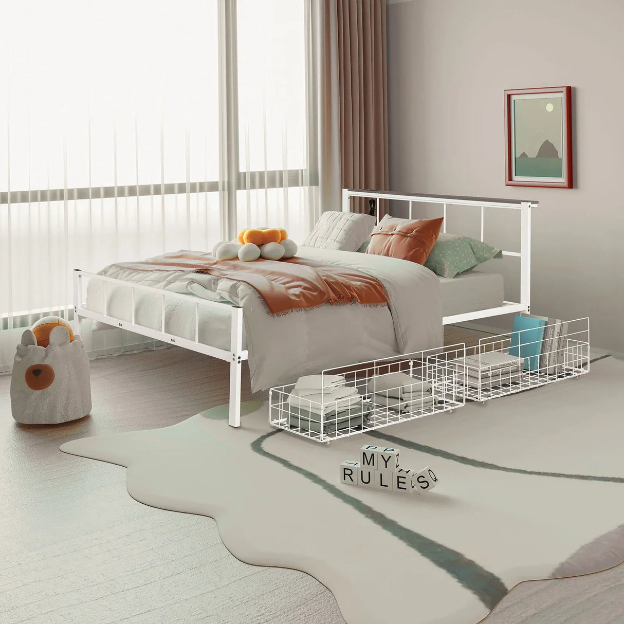 Contemporary Queen Metal Bed Frame With USB Storage - Omega Lifestyles