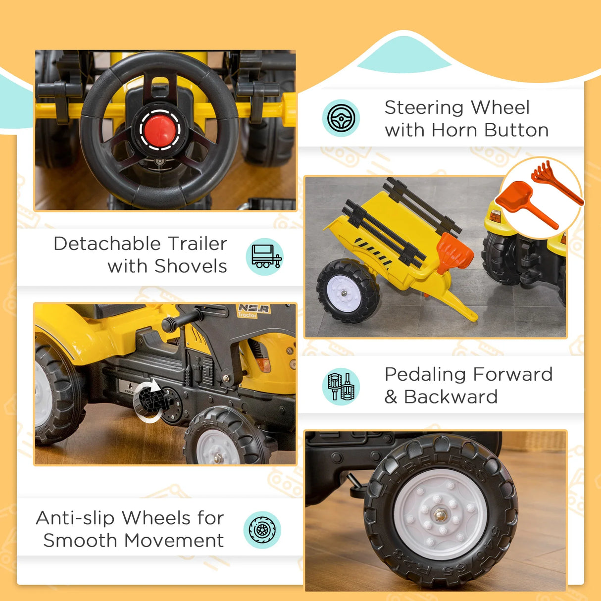 Kids Pedal Ride-On Excavator Bulldozer With Trailer - Omega Lifestyles