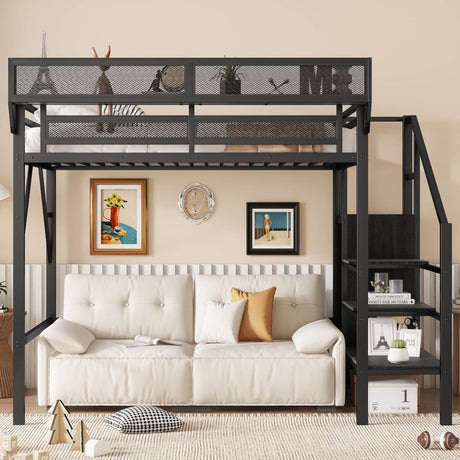 Twin Metal Loft Bed With Stairs Storage Shelves - Omega Lifestyles