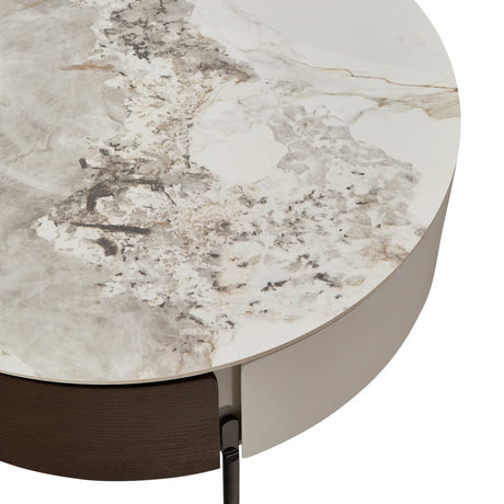 Round Ceramic Top Coffee Table With Drawers And Metal Legs - Omega Lifestyles