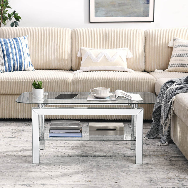 Rectangular Tempered Glass Coffee Table With Mirrored Legs - Omega Lifestyles
