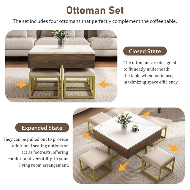 Modern Square Lift-Top Coffee Table Set With Ottomans - Omega Lifestyles