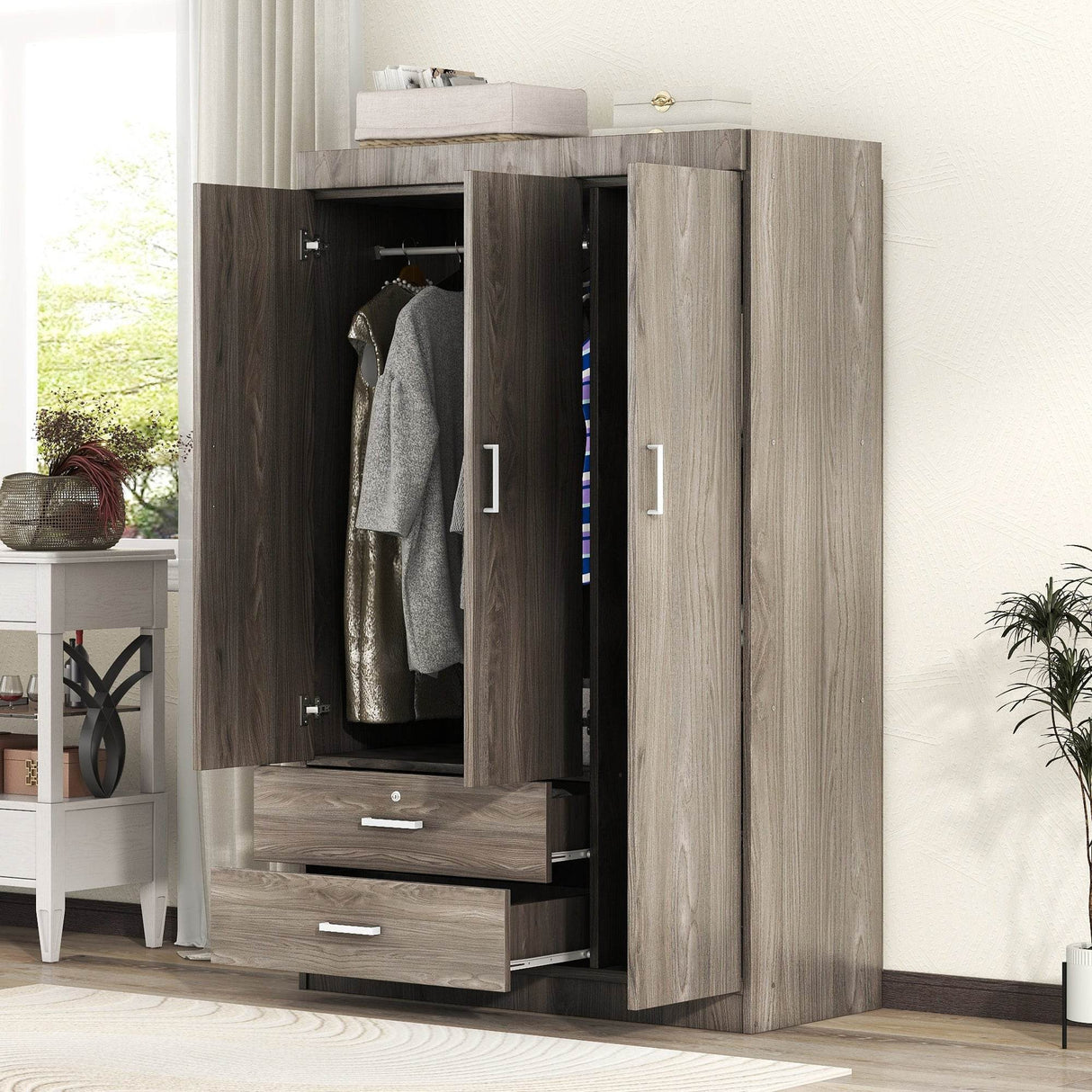 Contemporary 3-Door Wardrobe With 2 Drawers Gray MDF