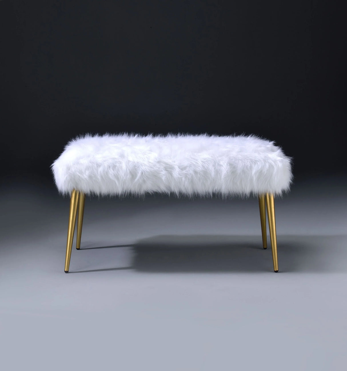 White Faux Fur Armless Backless Gold Finish Bench - Omega Lifestyles