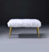White Faux Fur Armless Backless Gold Finish Bench - Omega Lifestyles