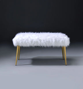 White Faux Fur Armless Backless Gold Finish Bench - Omega Lifestyles
