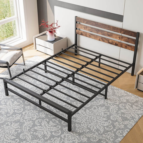 Queen Platform Bed Frame With Rustic Wood Headboard - Omega Lifestyles