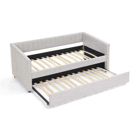 Twin Upholstered Linen Daybed With Functional Trundle - Omega Lifestyles
