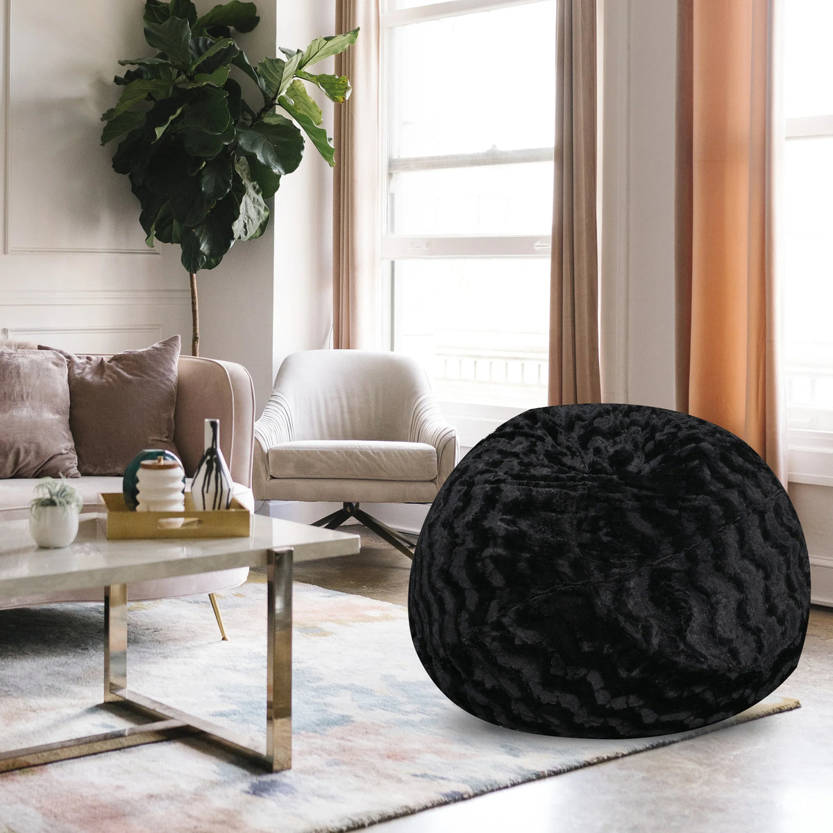 5-Foot Black Faux Fur Memory Foam Bean Bag Chair - Omega Lifestyles
