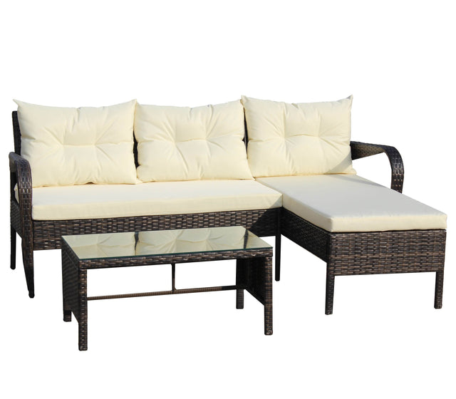 3-Piece Outdoor Brown Rattan Conversation Sofa Set With Cushions - Omega Lifestyles
