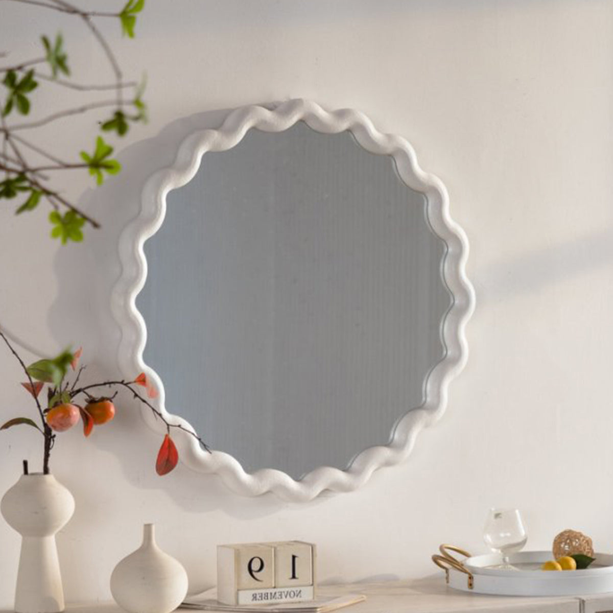 Modern White Scalloped Round Wall Mirror With Wavy Frame