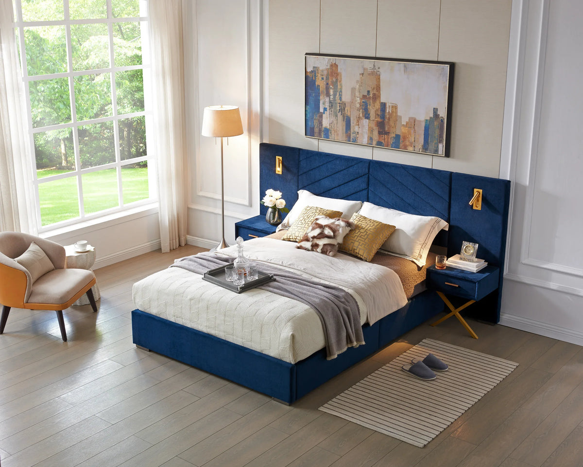 Queen Blue Velvet Wingback Upholstered Platform Bed Frame - Omega Lifestyles