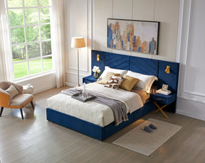 Queen Blue Velvet Wingback Upholstered Platform Bed Frame - Omega Lifestyles