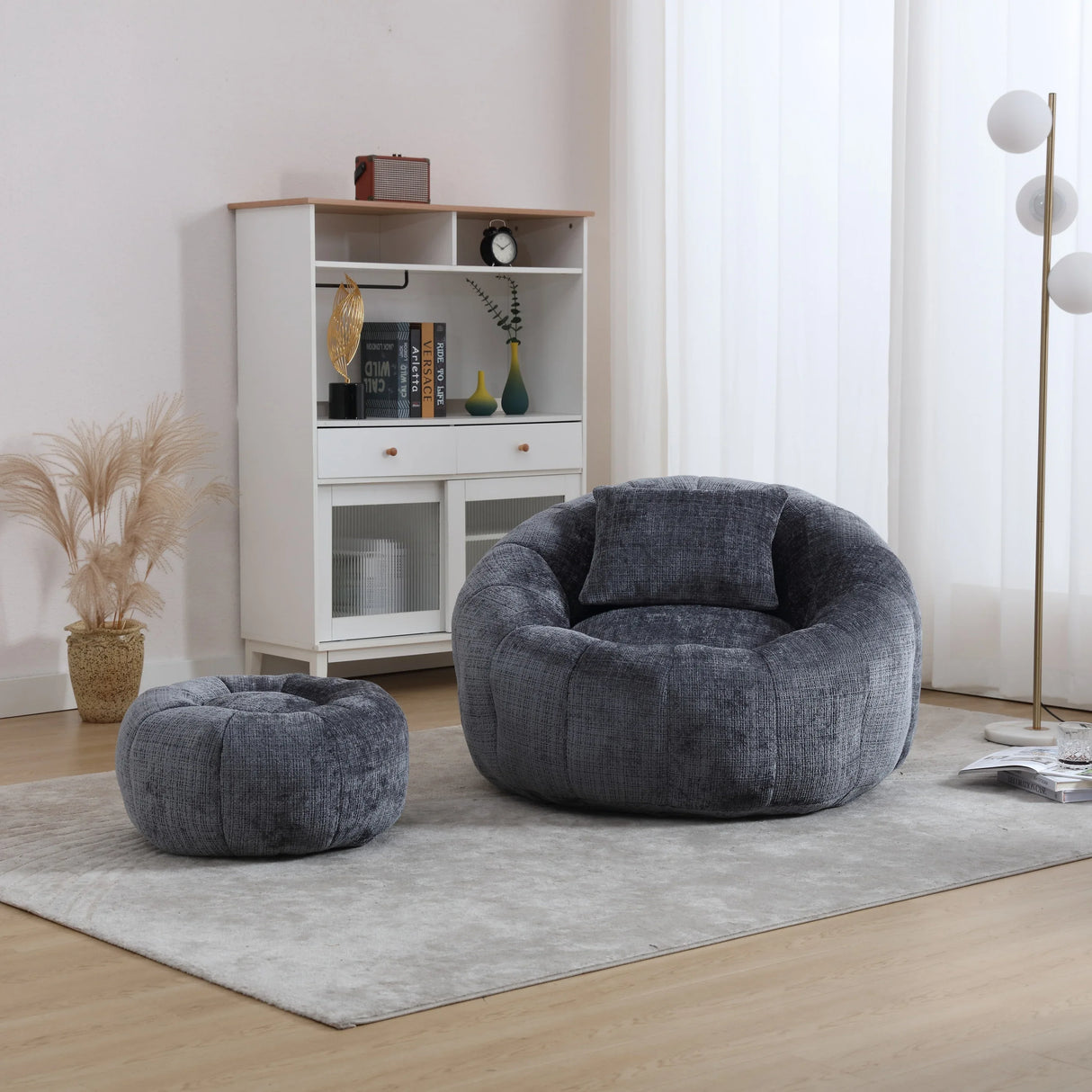 Chenille Foam Filled Pumpkin Shape Lazy Sofa with Ottoman - Omega Lifestyles