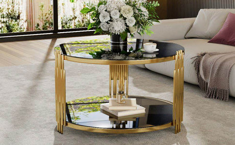 Modern Black Mirror Round Coffee Table With Shelf - Sleep Galleria