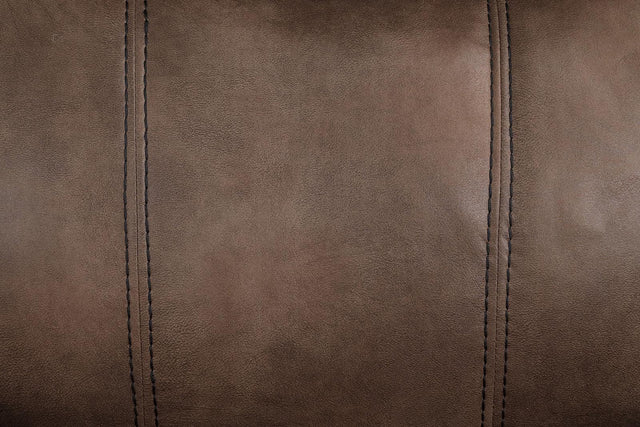 Transitional Brown Leatherette Glider Recliner With Pillow Arms - Omega Lifestyles