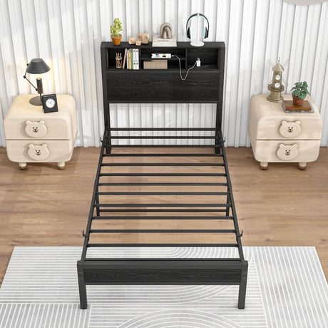 Twin Metal Platform Bed Frame With Storage Headboard Charging Station - Omega Lifestyles