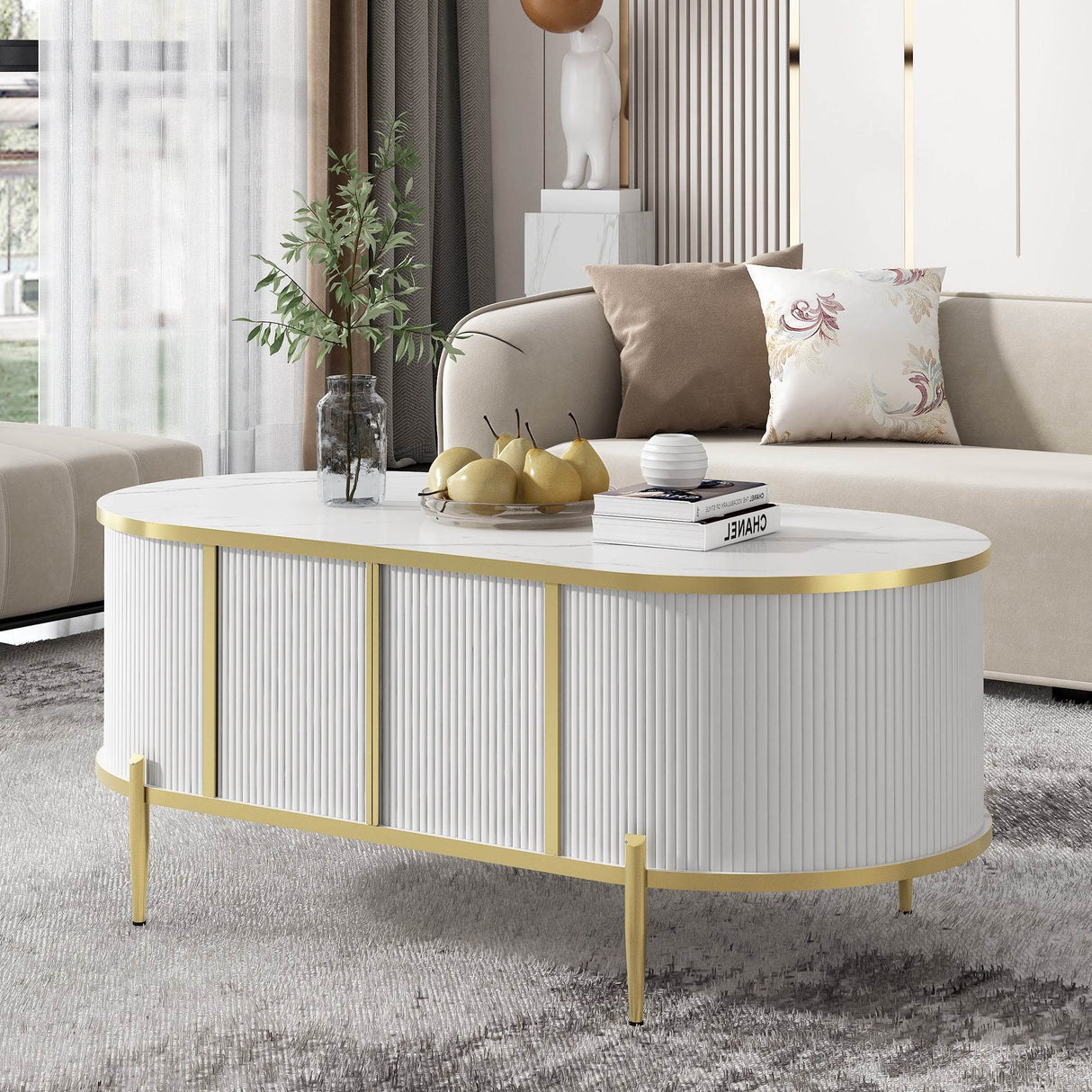 Modern Marble-Patterned Coffee Table With Cabinets - Sleep Galleria