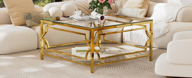 Modern Square Glass Coffee Table With Gold Metal Frame - Omega Lifestyles