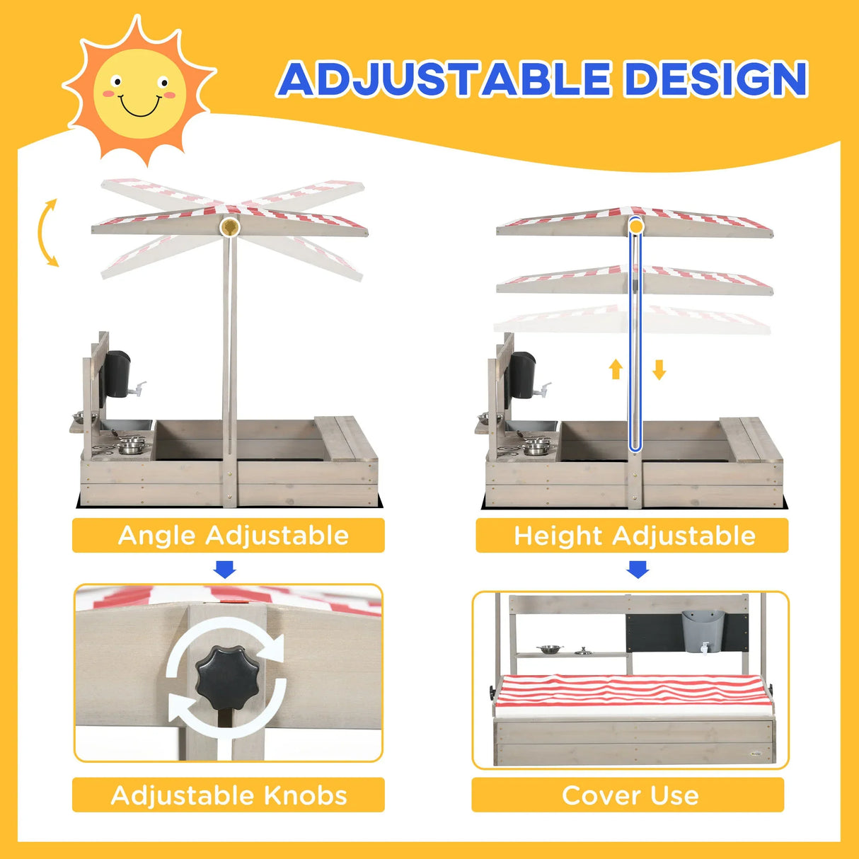 Adjustable Canopy Wooden Kids Sandbox With Kitchen Playset - Omega Lifestyles