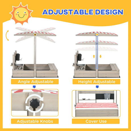 Adjustable Canopy Wooden Kids Sandbox With Kitchen Playset - Omega Lifestyles