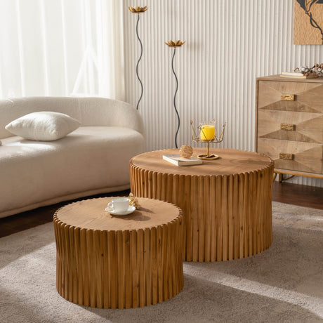 Vintage Style Natural Wood 2-Piece Round Coffee Table Set - Sleep Galleria