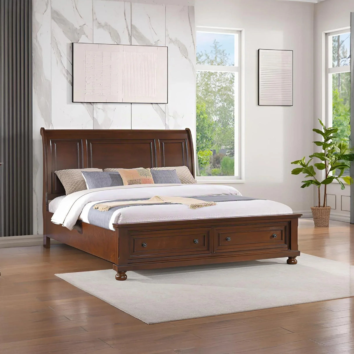 Queen Cherry Wood Platform Storage Bed Frame - Omega Lifestyles