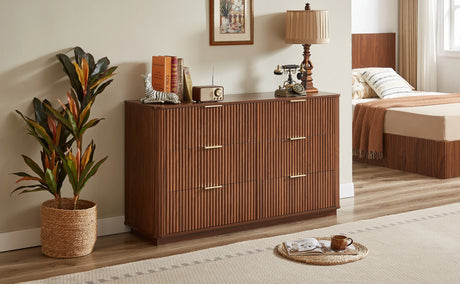 Modern Walnut 6-Drawer Dresser With Wave Design - Omega Lifestyles