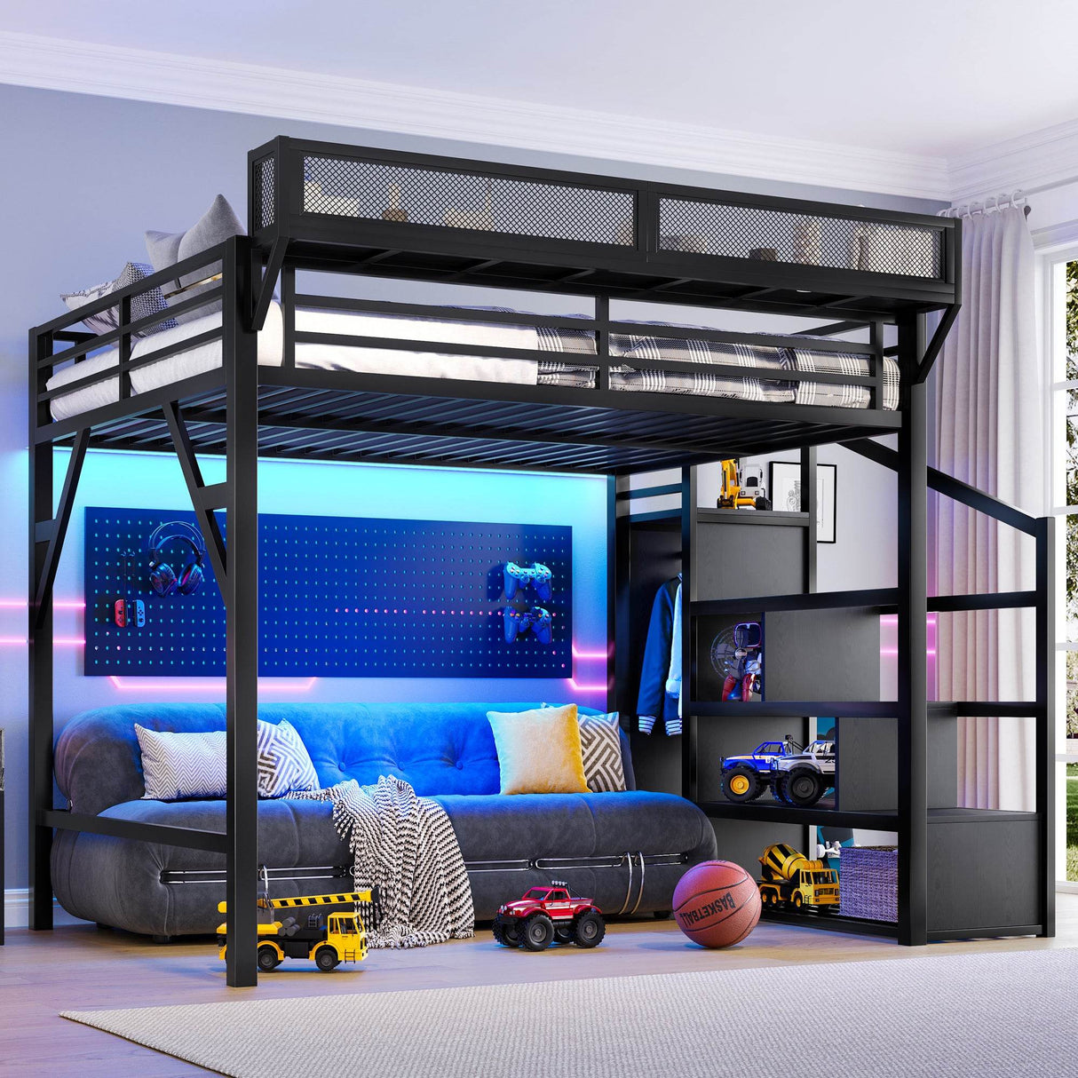 Queen Metal Loft Bed With Storage Stairs USB LED Lighting - Omega Lifestyles