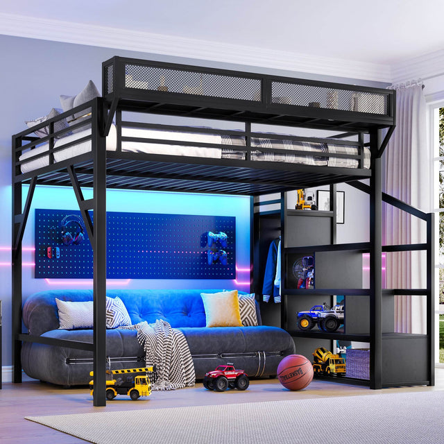 Queen Metal Loft Bed With Storage Stairs USB LED Lighting - Omega Lifestyles