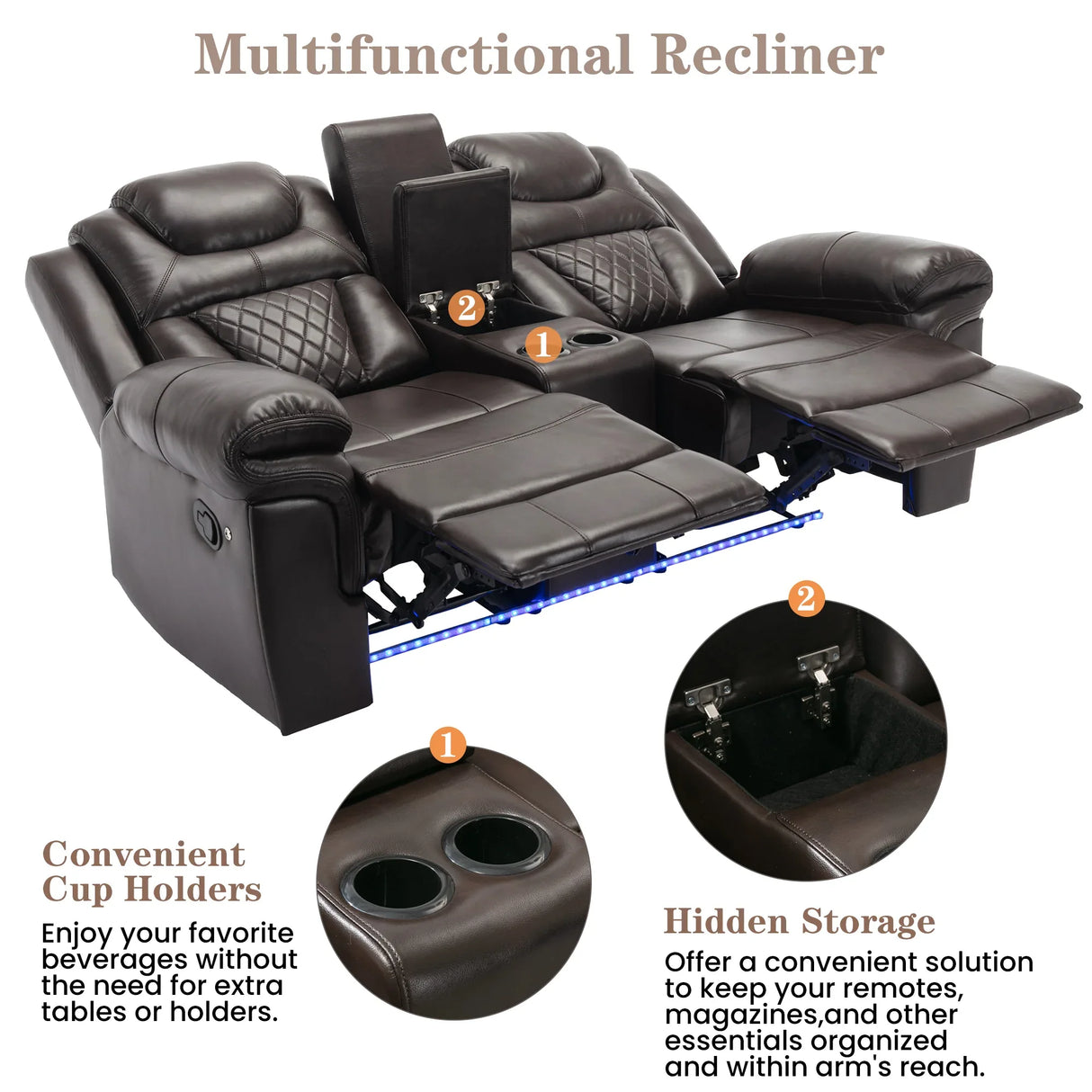 Manual Faux Leather Recliner Chair With Hidden Storage And LED - Omega Lifestyles