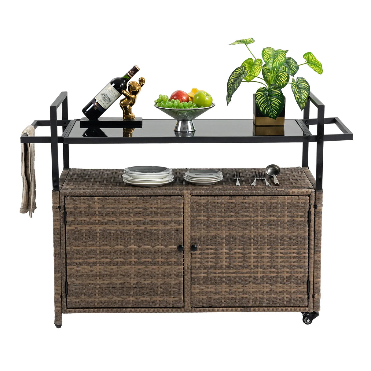 Outdoor Wicker Bar Cart With Glass Top And Wheels - Omega Lifestyles