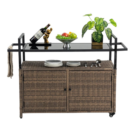 Outdoor Wicker Bar Cart With Glass Top And Wheels - Omega Lifestyles