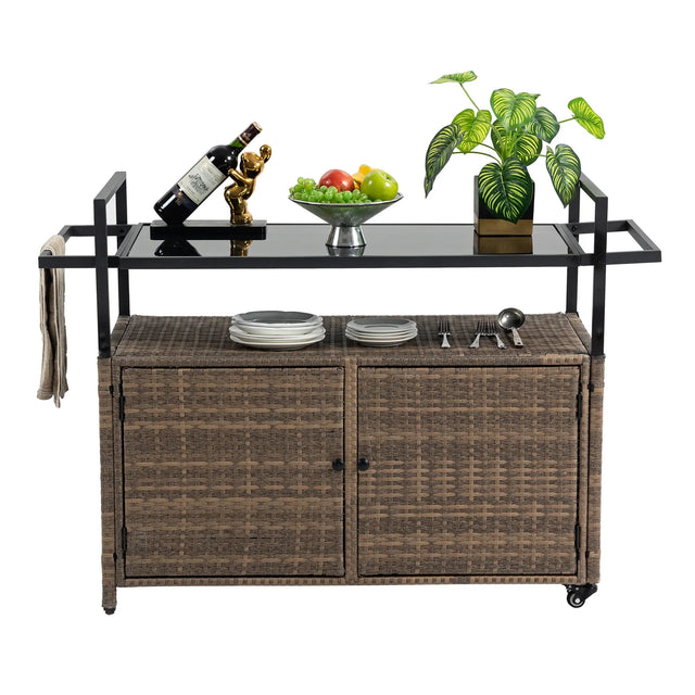 Outdoor Wicker Bar Cart With Glass Top And Wheels - Omega Lifestyles