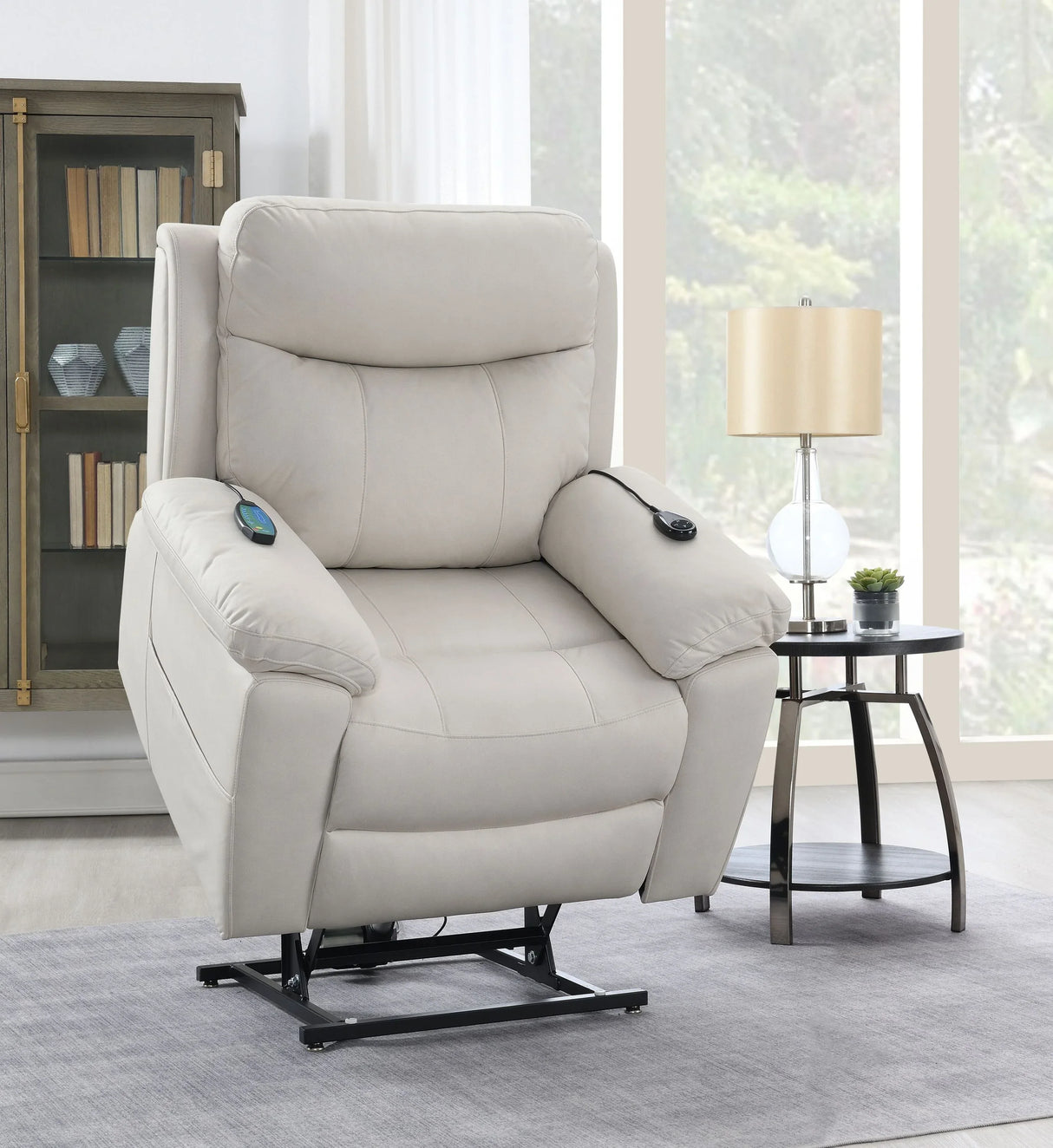 Beige Polished Microfiber Power Motion Massage Recliner Chair - Omega Lifestyles