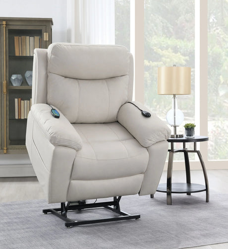 Beige Polished Microfiber Power Motion Massage Recliner Chair - Omega Lifestyles