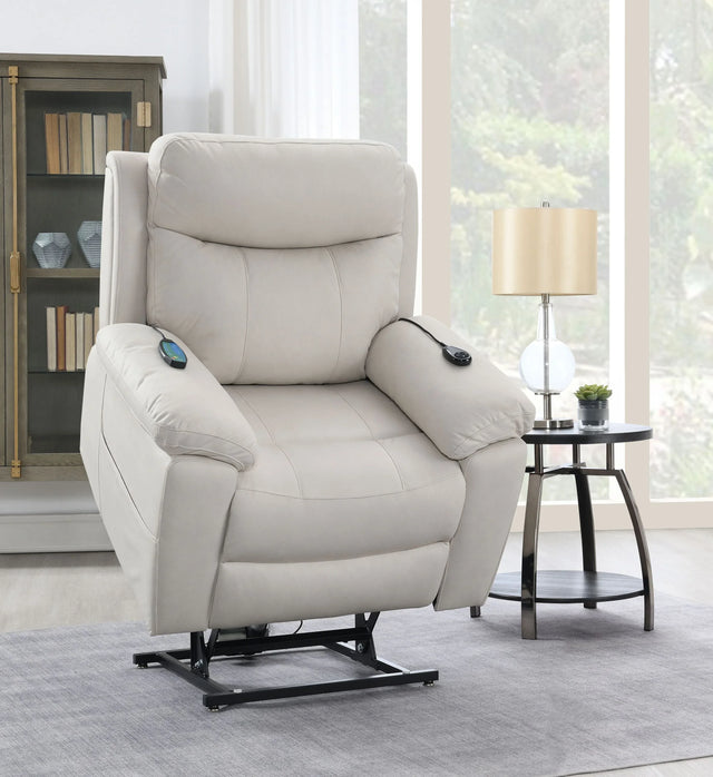 Beige Polished Microfiber Power Motion Massage Recliner Chair - Omega Lifestyles