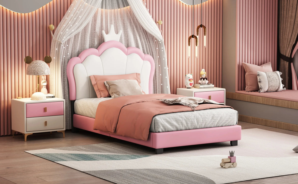 Twin PU Upholstered Princess Platform Bed With Crown Headboard - Omega Lifestyles