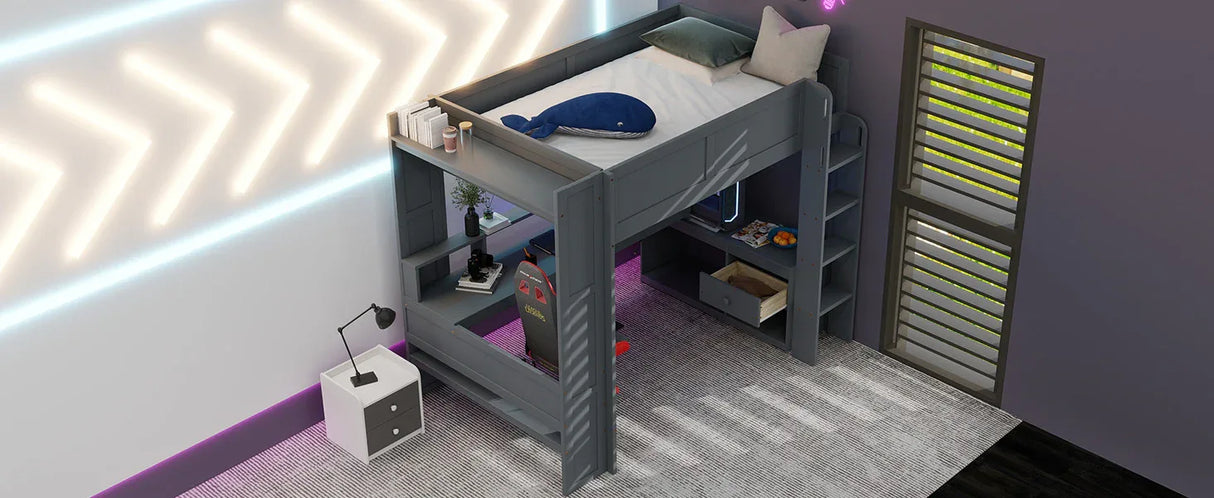 Full Wood Gaming Loft Bed Frame With Desk LED Charging Station - Omega Lifestyles