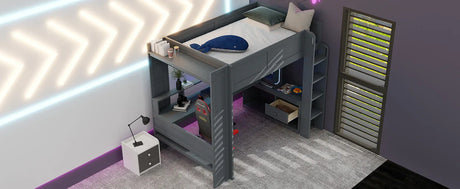 Full Wood Gaming Loft Bed Frame With Desk LED Charging Station - Omega Lifestyles