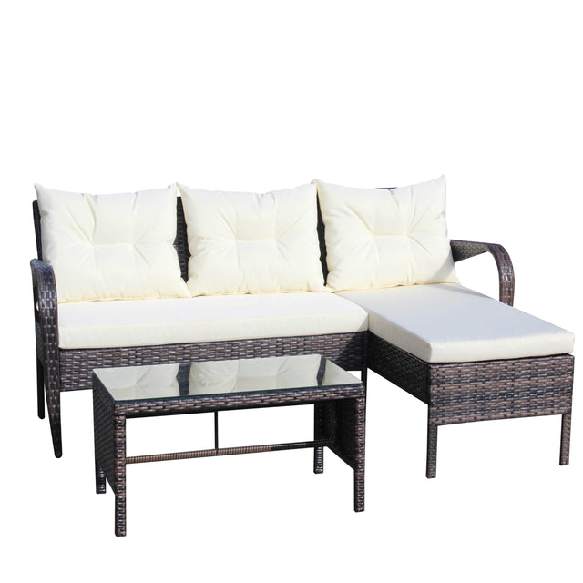 3-Piece Outdoor Brown Rattan Conversation Sofa Set With Cushions - Omega Lifestyles