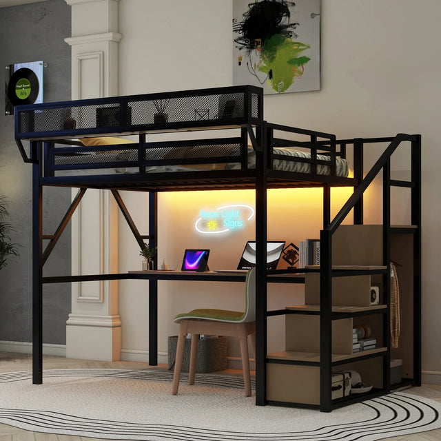 Full Metal Full Size Loft Bed With Desk Charging Station - Omega Lifestyles
