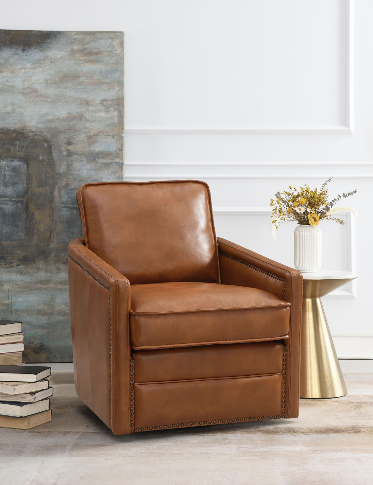 Brown Faux Leather Pocket Coil Swivel Accent Recliner