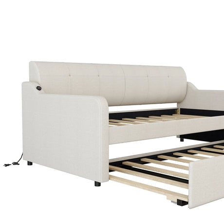 Twin Beige Upholstered Daybed With Trundle And USB Charging - Omega Lifestyles