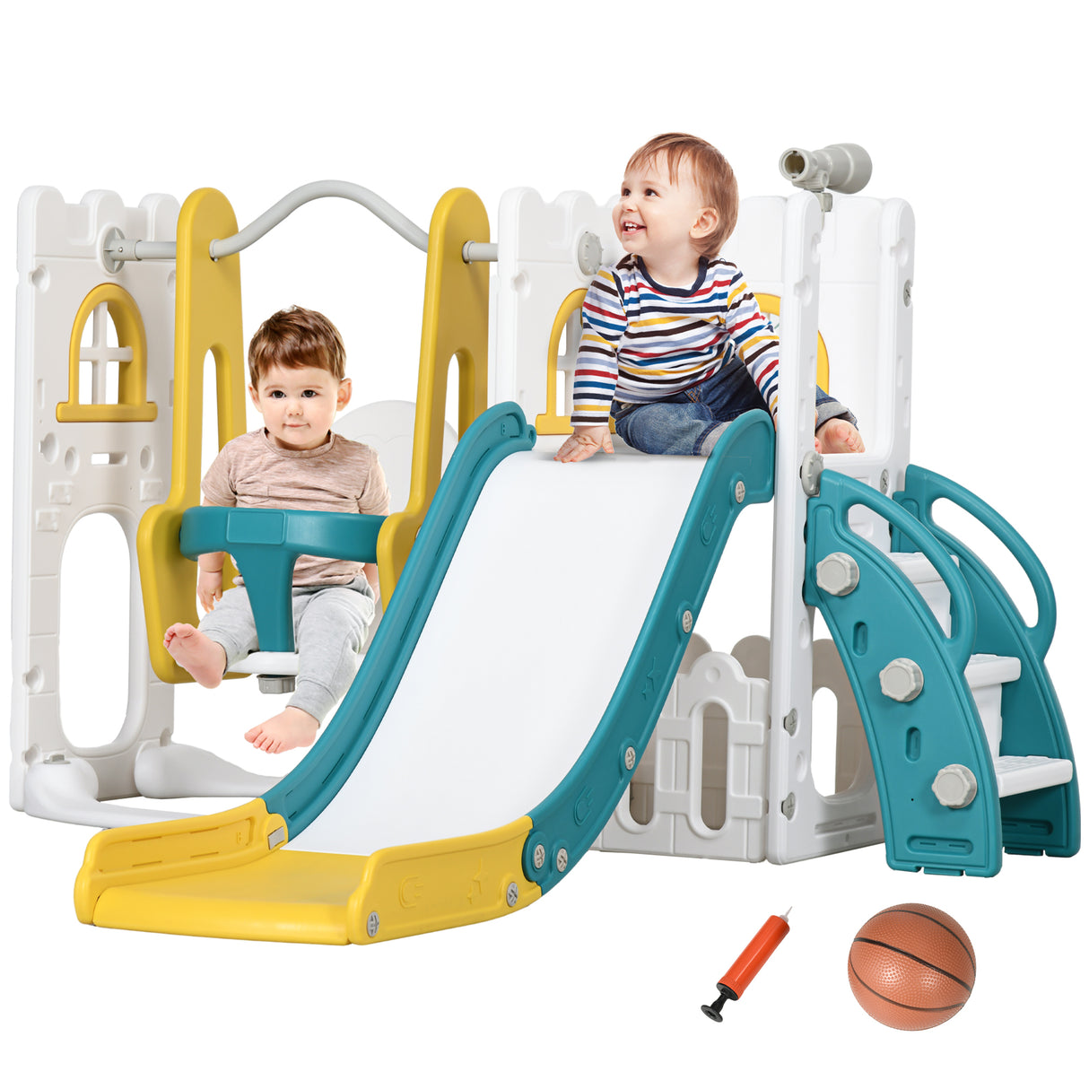 6-in-1 Indoor Toddler Slide Swing Playset With Basketball Hoop
