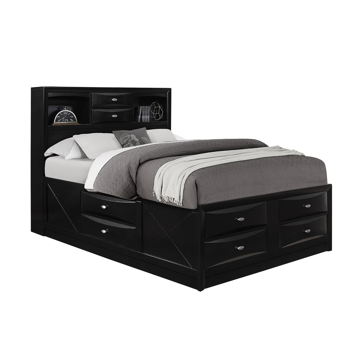 Modern Black Wood Bookcase King Bed Frame With Storage Drawers